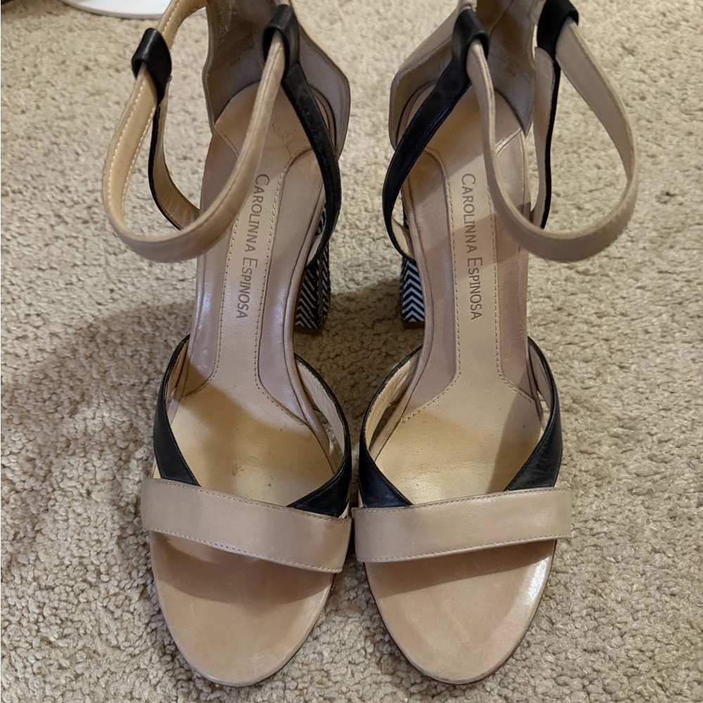 Carolina Espinosa Black and Tan Strappy Heels
